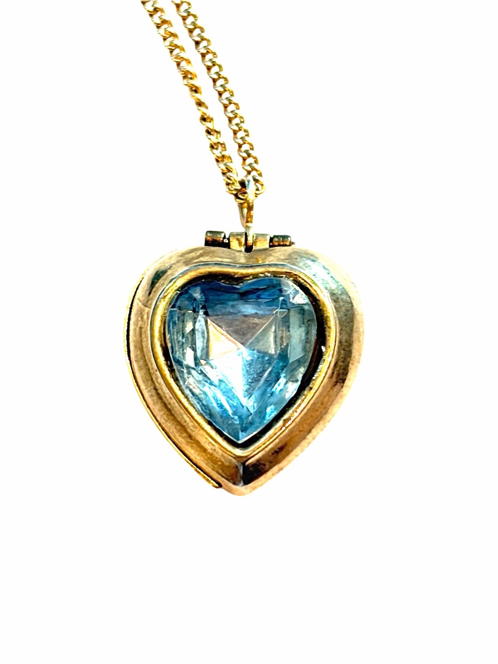 Vintage Blue Heart Locket Pendant Necklace Gold